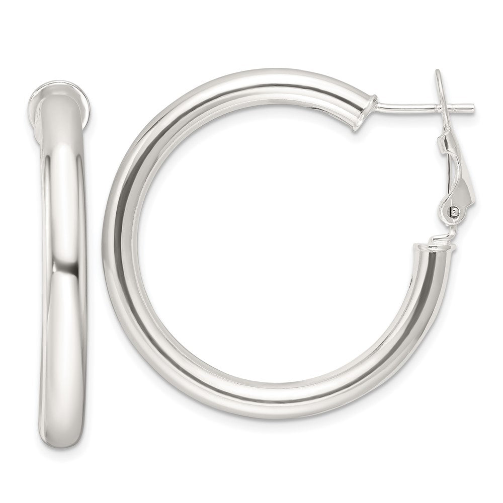 Sterling Silver Polished 4mm Omega Back Round Hoop Earrings