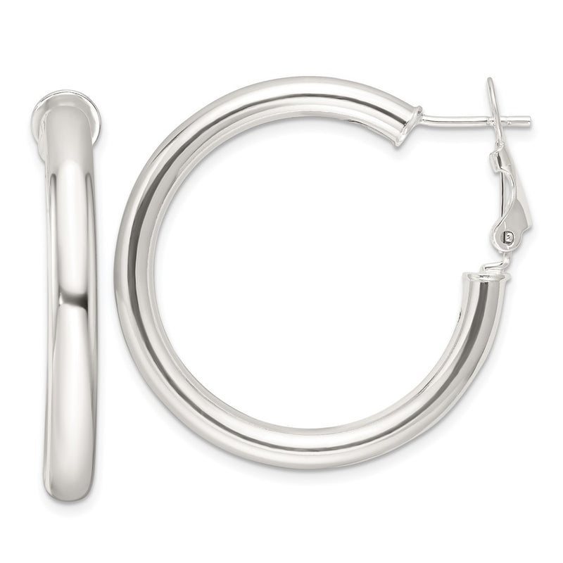 Sterling Silver Polished 4mm Omega Back Round Hoop Earrings