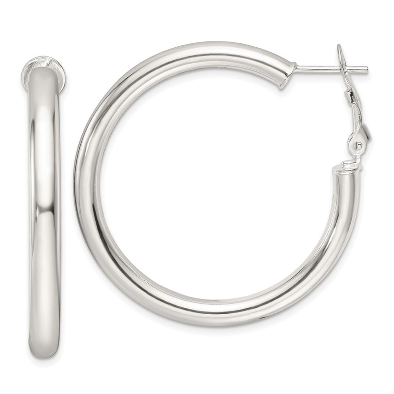 Sterling Silver Polished 40x4mm Omega Back Round Hoop Earrings