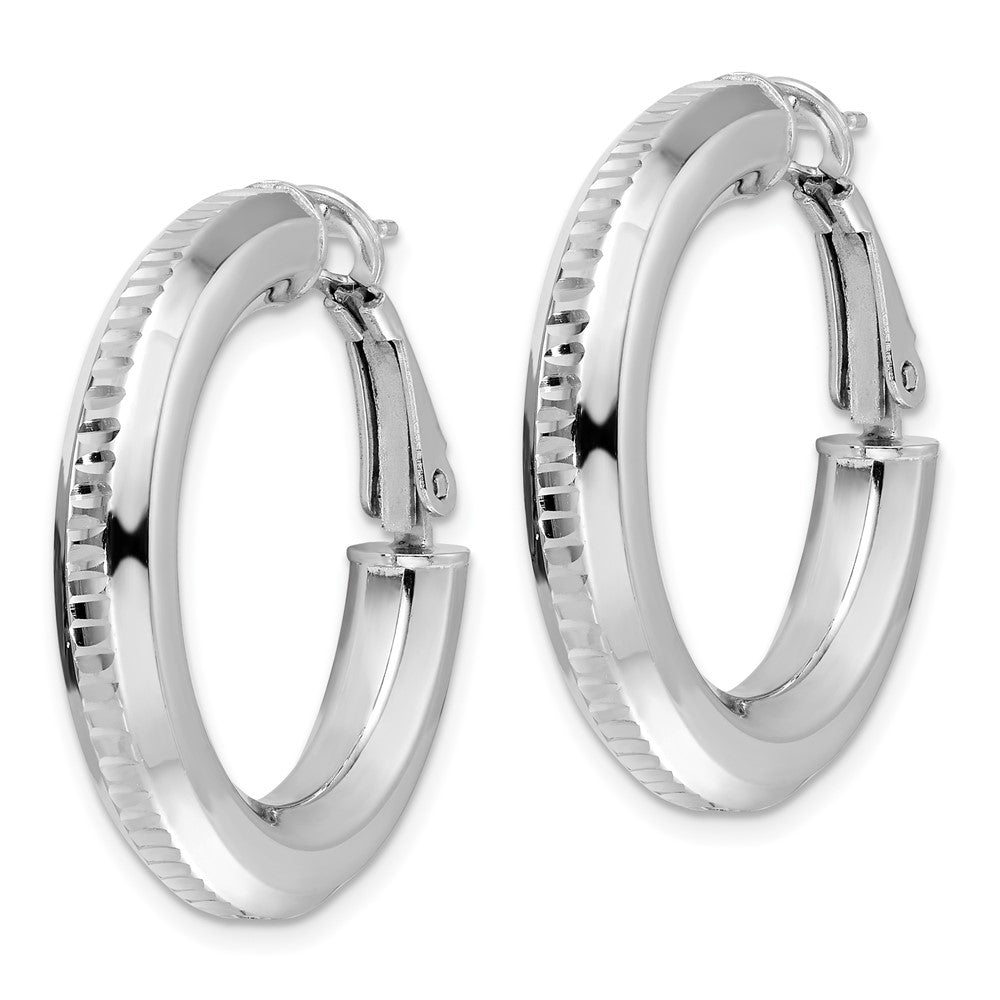 Sterling Silver Rh-Pltd D/c 4.75mm Omega Back Round Hoop Earrings