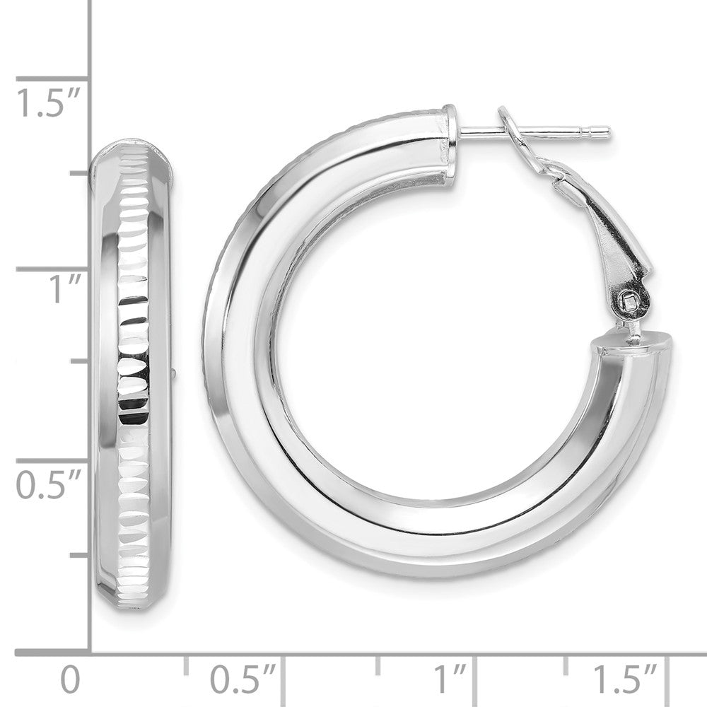 Sterling Silver Rh-Pltd D/c 4.75mm Omega Back Round Hoop Earrings