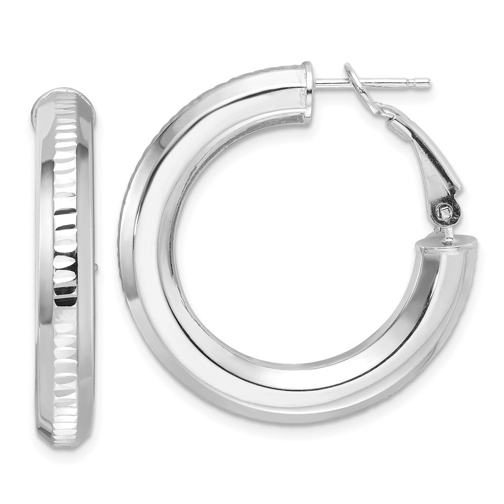 Sterling Silver Rh-Pltd D/c 4.75mm Omega Back Round Hoop Earrings