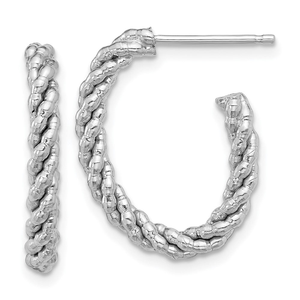 Sterling Silver Rhodium-Plated Textured Twisted Oval J-Hoop Earrings
