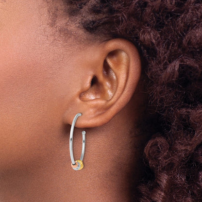 Sterling Silver Rhodium Plated Rose/gold-Tone D/c Beaded C-Hoop Earrings