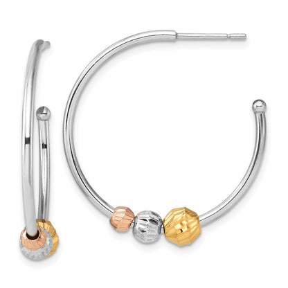 Sterling Silver Rhodium Plated Rose/gold-Tone D/c Beaded C-Hoop Earrings