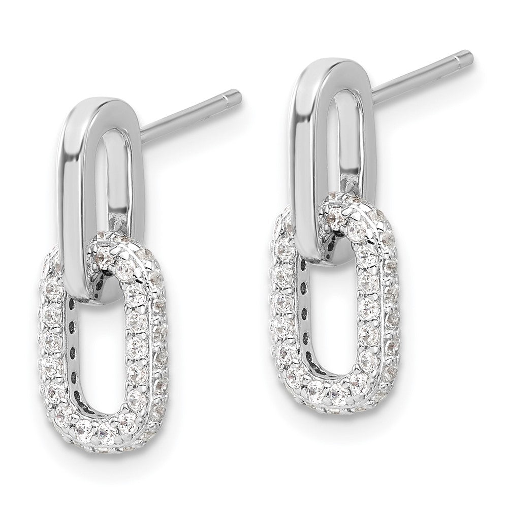 Sterling Silver Rhodium-Plated Pave CZ Link Design Post Dangle Earrings