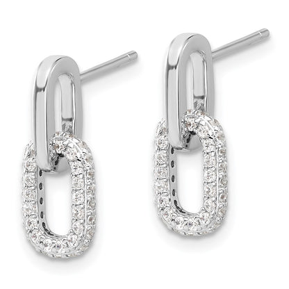 Sterling Silver Rhodium-Plated Pave CZ Link Design Post Dangle Earrings