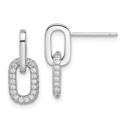 Sterling Silver Rhodium-Plated Pave CZ Link Design Post Dangle Earrings