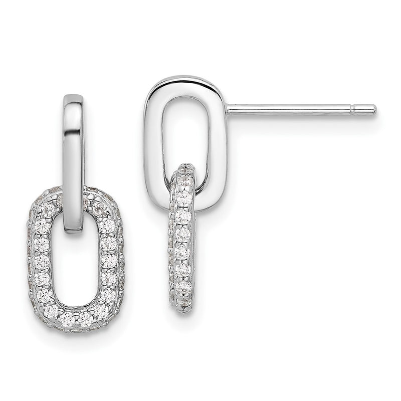 Sterling Silver Rhodium-Plated Pave CZ Link Design Post Dangle Earrings