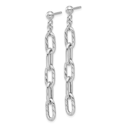 Sterling Silver Rhodium Plated Polish & Textured Chain Post Dangle Earrings