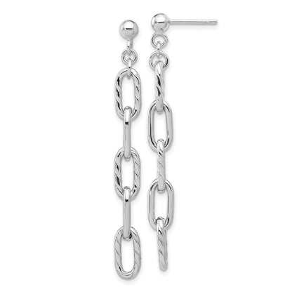 Sterling Silver Rhodium Plated Polish & Textured Chain Post Dangle Earrings