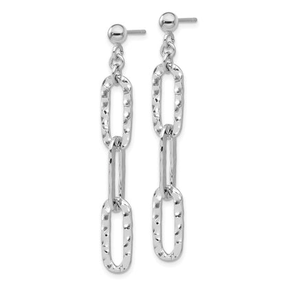 Sterling Silver Rh-Pltd Polished Hammered Chain Post Dangle Earrings