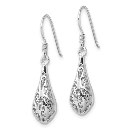 Sterling Silver Rhodium Plated Polished Puffed Filigree Design Earrings