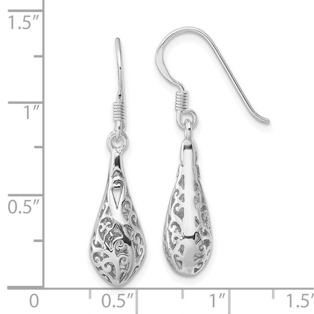 Sterling Silver Rhodium Plated Polished Puffed Filigree Design Earrings