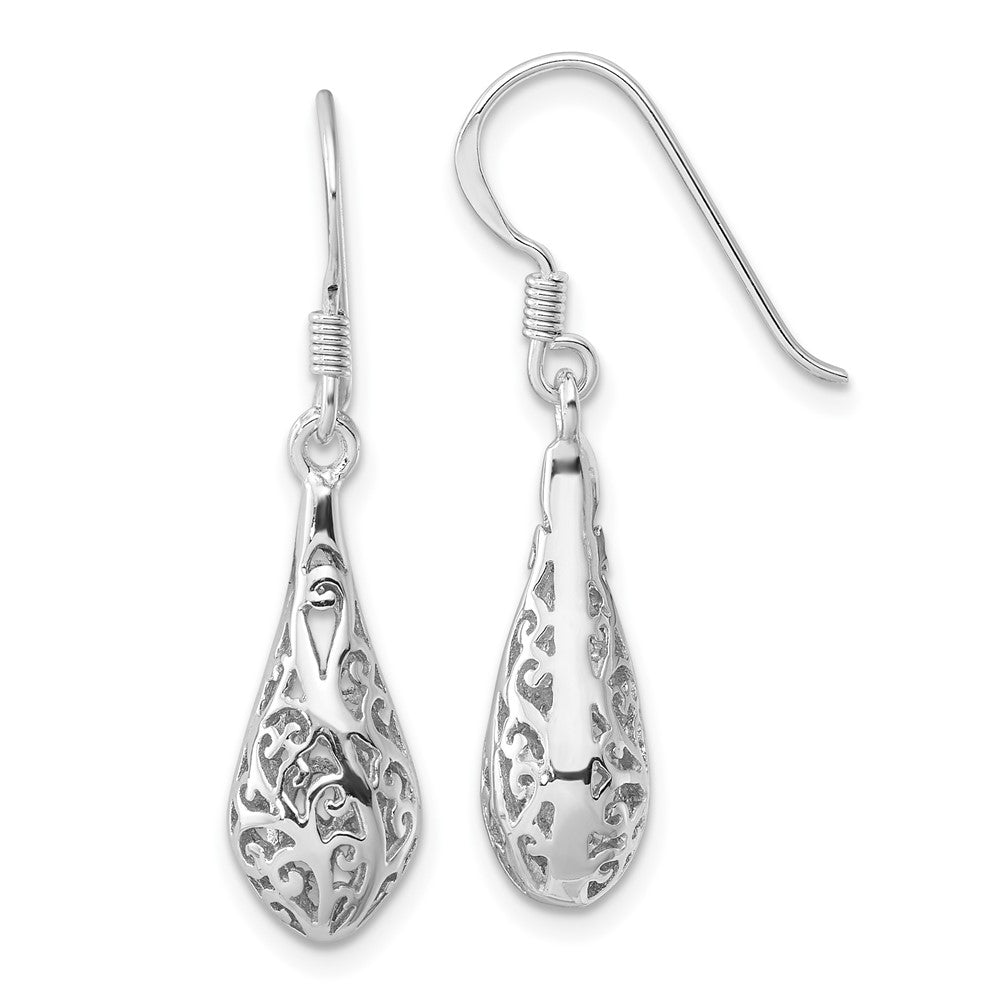 Sterling Silver Rhodium Plated Polished Puffed Filigree Design Earrings