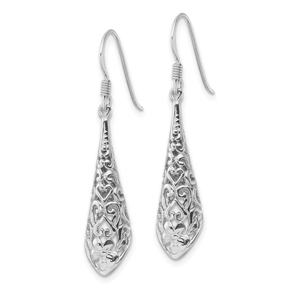 Sterling Silver Rhodium Plated Polished Puffed Filigree Flower Earrings