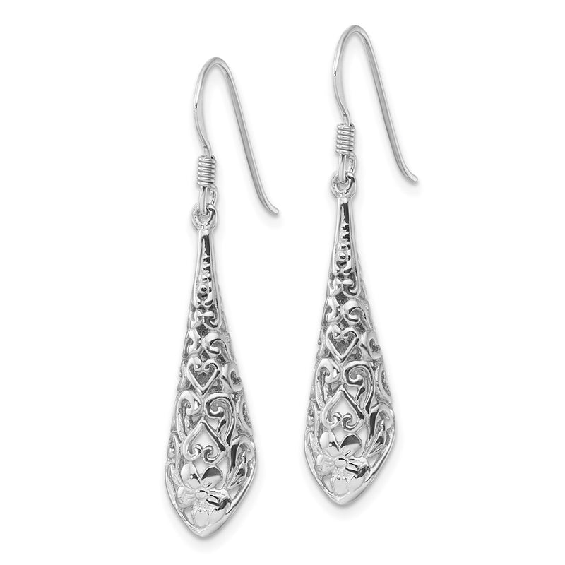 Sterling Silver Rhodium Plated Polished Puffed Filigree Flower Earrings