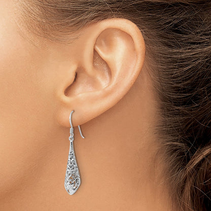 Sterling Silver Rhodium Plated Polished Puffed Filigree Flower Earrings