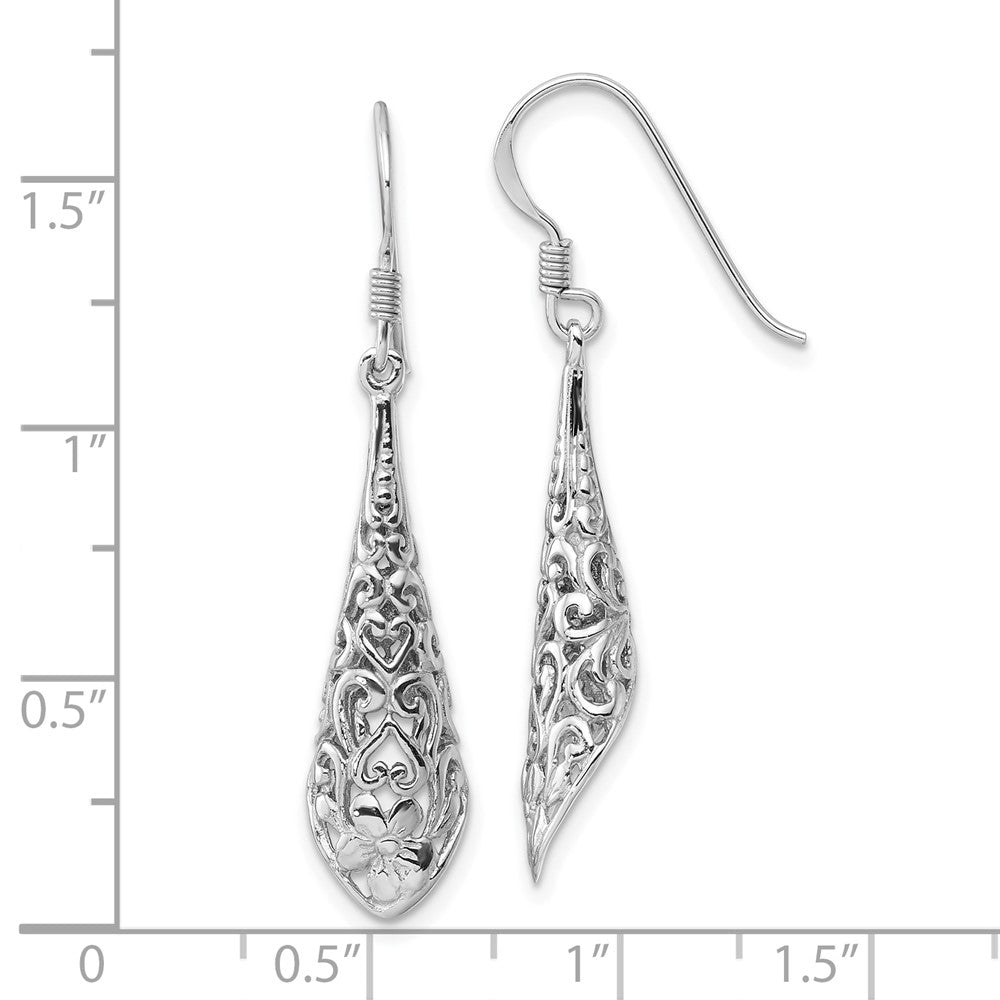 Sterling Silver Rhodium Plated Polished Puffed Filigree Flower Earrings