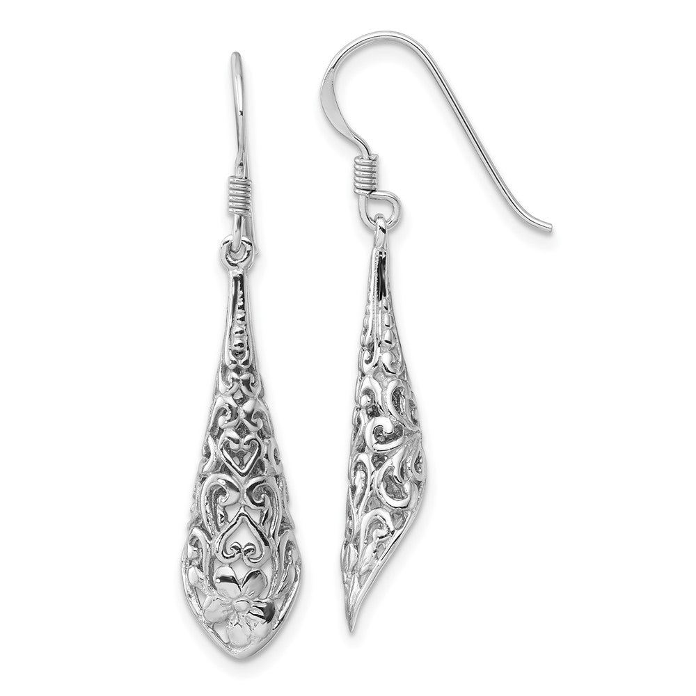 Sterling Silver Rhodium Plated Polished Puffed Filigree Flower Earrings