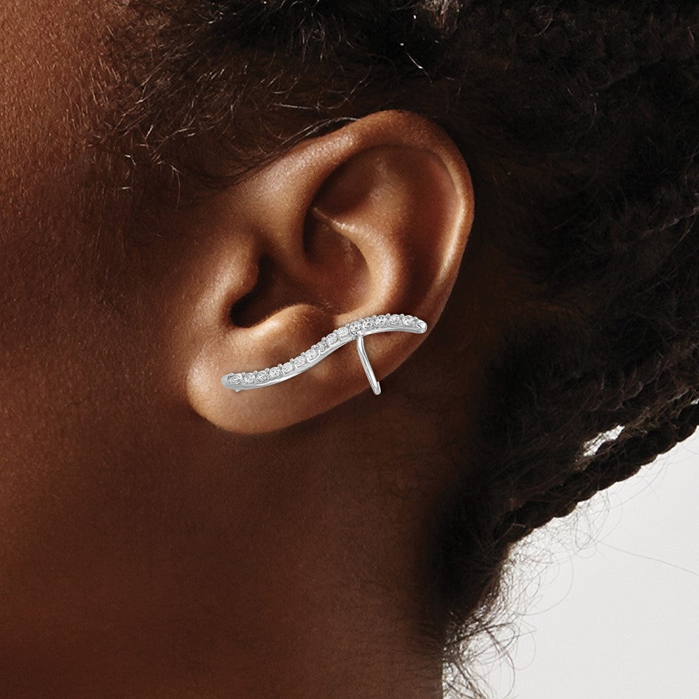 Sterling Silver Rhodium Plated Polished Curved CZ Ear Cuff and Post Earrings