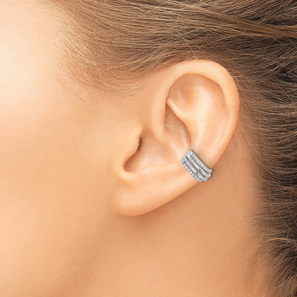 Sterling Silver Rhodium-Plated Polished 4 Row CZ Single Cuff Earring