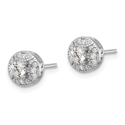 Sterling Silver Rhodium Plated Textured Round CZ Cluster Post Earrings
