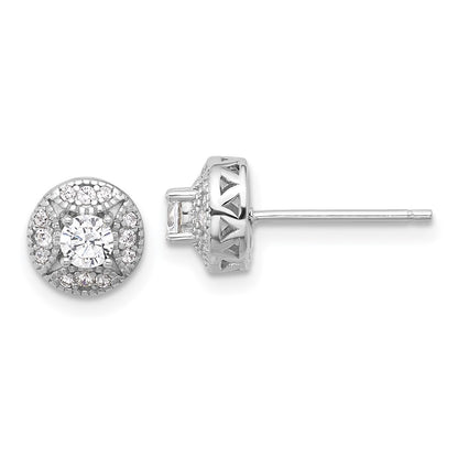 Sterling Silver Rhodium Plated Textured Round CZ Cluster Post Earrings