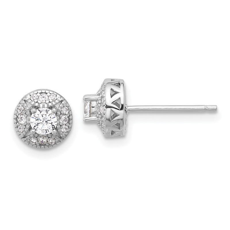 Sterling Silver Rhodium Plated Textured Round CZ Cluster Post Earrings