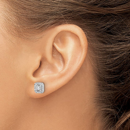 Sterling Silver Rhodium-Plated Polished CZ Square Halo Post Earrings