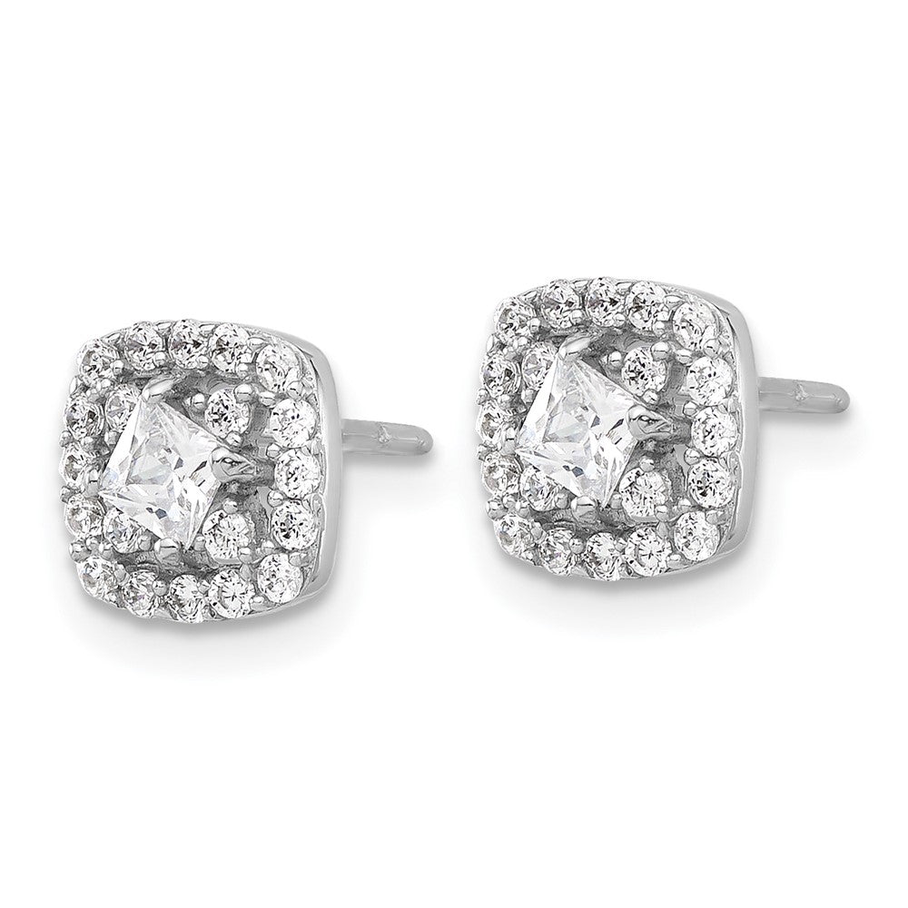 Sterling Silver Rhodium Plated Polished CZ Square Center Halo Post Earrings