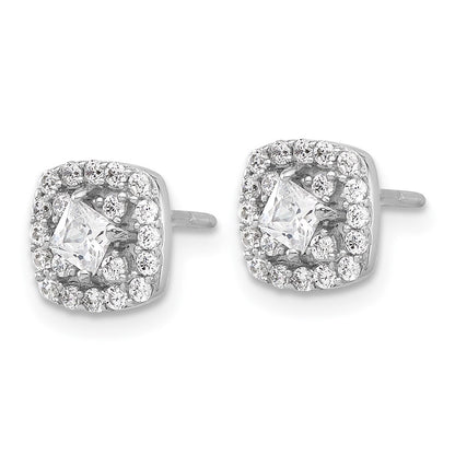 Sterling Silver Rhodium Plated Polished CZ Square Center Halo Post Earrings