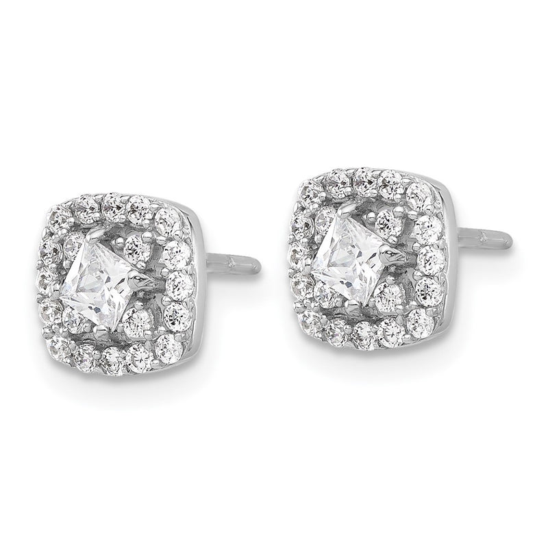 Sterling Silver Rhodium Plated Polished CZ Square Center Halo Post Earrings