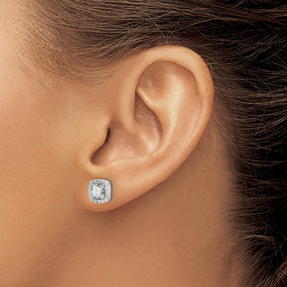 Sterling Silver Rhodium Plated Polished CZ Square Center Halo Post Earrings