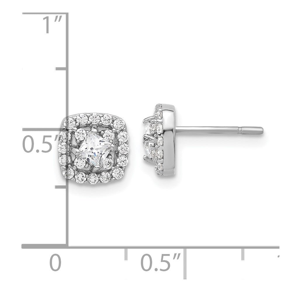 Sterling Silver Rhodium Plated Polished CZ Square Center Halo Post Earrings