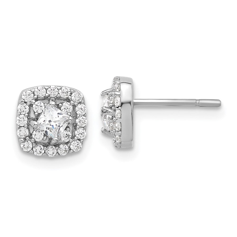 Sterling Silver Rhodium Plated Polished CZ Square Center Halo Post Earrings