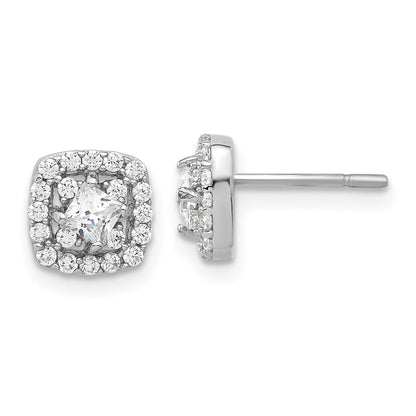 Sterling Silver Rhodium Plated Polished CZ Square Center Halo Post Earrings