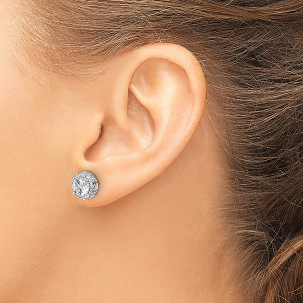 Sterling Silver Rhodium-Plated 6mm CZ Double Halo Post Earrings