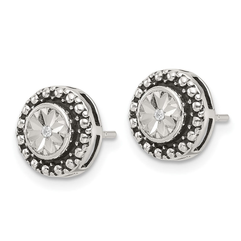 Sterling Silver Polished Antiqued and Diamond-Cut CZ Post Earrings