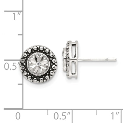 Sterling Silver Polished Antiqued and Diamond-Cut CZ Post Earrings
