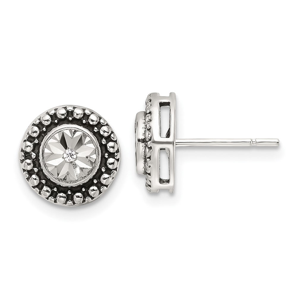 Sterling Silver Polished Antiqued and Diamond-Cut CZ Post Earrings