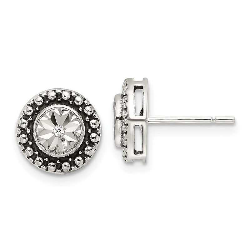 Sterling Silver Polished Antiqued and Diamond-Cut CZ Post Earrings