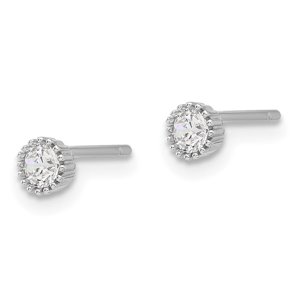 Sterling Silver Rhodium Plated 3mm CZ Grooved Bezel Post Stud Earrings