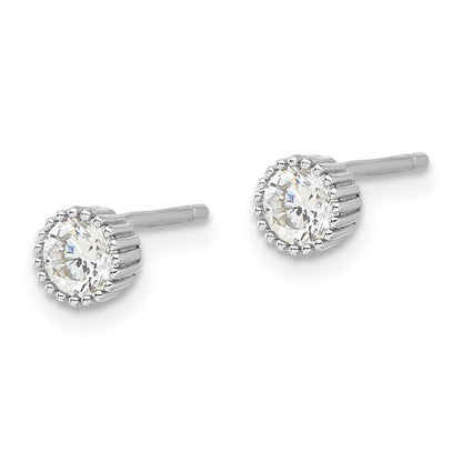 Sterling Silver Rhodium Plated 4mm CZ Grooved Bezel Post Stud Earrings