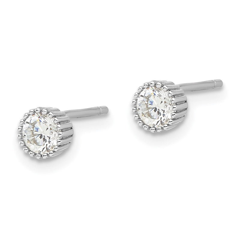 Sterling Silver Rhodium Plated 4mm CZ Grooved Bezel Post Stud Earrings