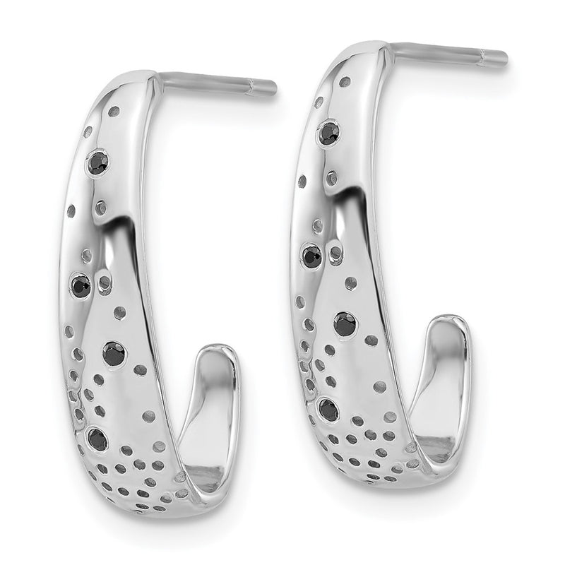 Sterling Silver Rhodium-Plated Polished Spotted Black CZ J-Hoop Earrings