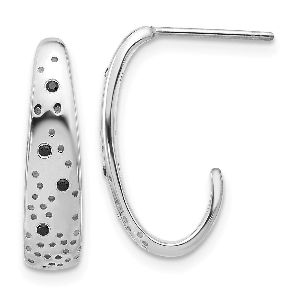 Sterling Silver Rhodium-Plated Polished Spotted Black CZ J-Hoop Earrings