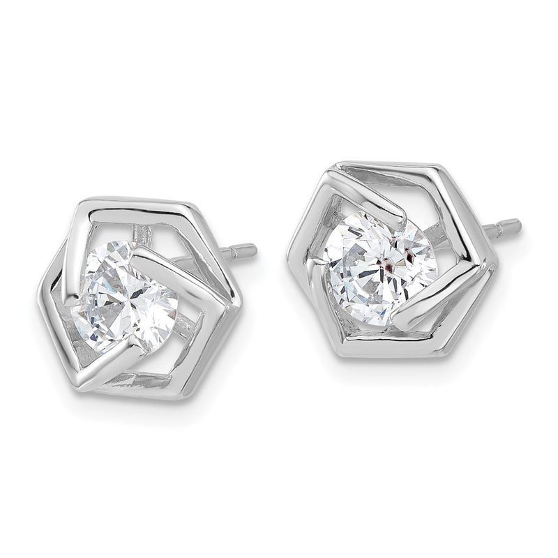 Sterling Silver Rhodium-Plated Polished CZ Hexagon Post Earrings