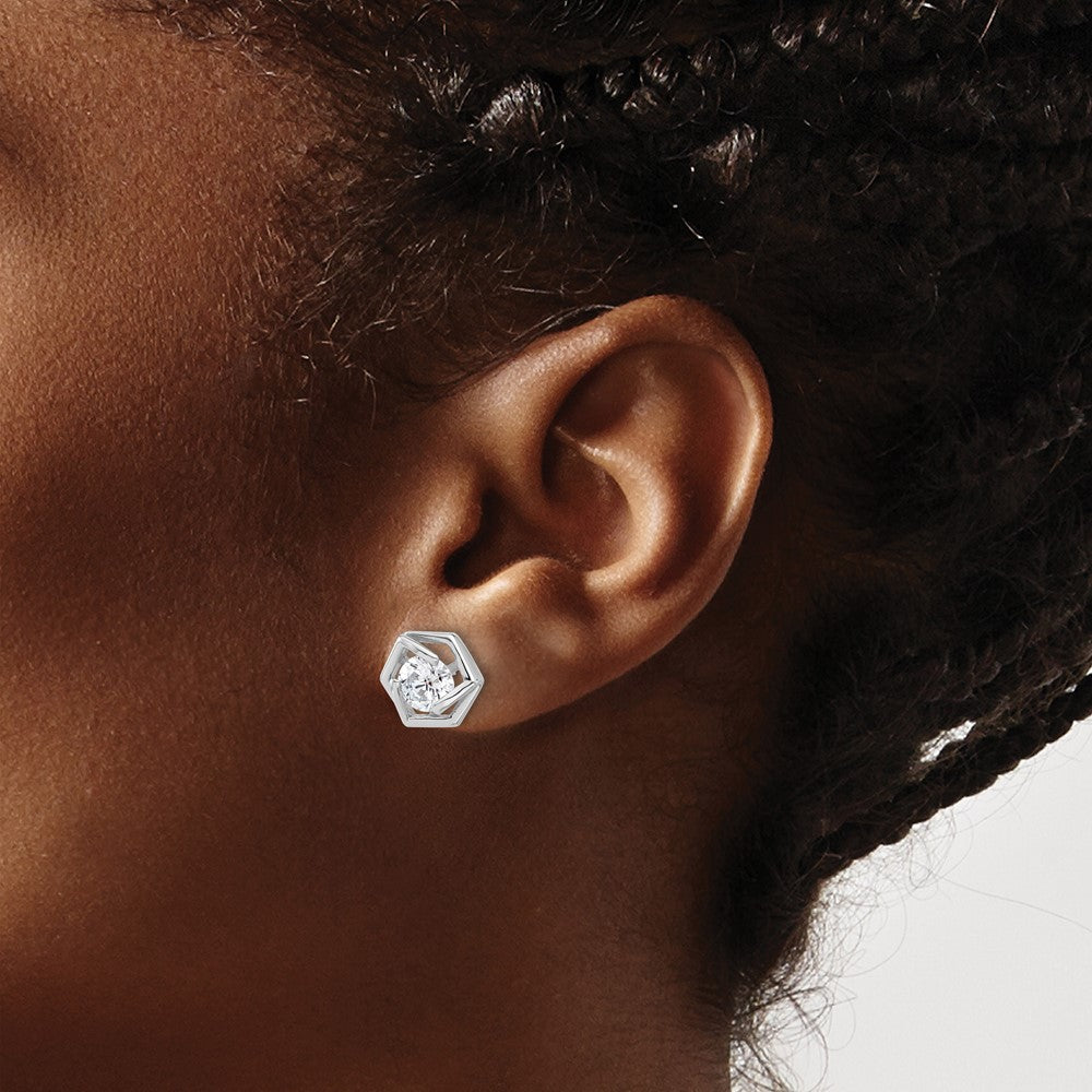 Sterling Silver Rhodium-Plated Polished CZ Hexagon Post Earrings