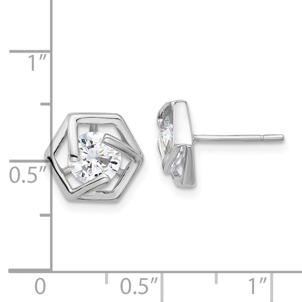 Sterling Silver Rhodium-Plated Polished CZ Hexagon Post Earrings